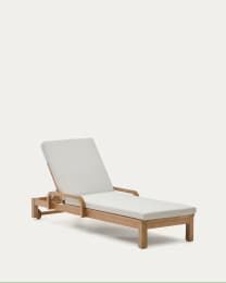 an outdoor chaise lounge chair with white cushions and wood frame, viewed from the side