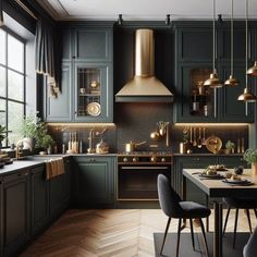 a kitchen with dark green cabinets and wooden floors, an oven, sink, stove hood, and dining table in the center