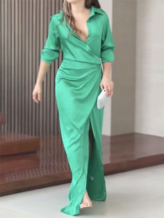 Sku CY-!132818 Material Dacron Style Long Sleeves Feature Split-side , Solid Color Neckline Lapel Collar Occasion Going out , Casual , Vacation Seasons Spring , Summer , Autumn Type Maxi Dresses , Shirt Dress Color GREEN Size S,M,L,XL Please consult the size chart we provide for this item's measurements to help you decide which size to buy.Please note: There may be 1-3cm differ due to manual measurement. CMINCH Bust Waist Shoulder Sleeve Length S 88 70 39 59 142 M 92 74 40 60 143 L 96 78 41 61 1 Green V-neck Solid Dress, Green Solid Color V-neck Dress, Green Solid Color Evening Dress, Green Half Sleeve Dress For Fall, Green Half Sleeve Fall Dresses, Green Long Sleeve Maxi Dress For Work, Dark Green Fitted Long Sleeve Dress, Long Green Solid Color Dress, Fitted Green Solid Color Dresses