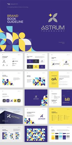 the brand guideline presentation is shown in blue, yellow and white colors with an abstract design