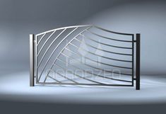 an open metal gate with curved lines on the sides and bottom, against a gray background