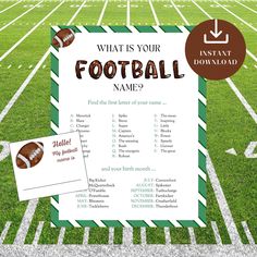 a football game ticket sitting on top of a field with the words what is your football name?