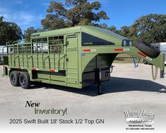 Just In!! 2025 Swift Built 18' Stock 1/2 Top GN⁣ $22,900.00 / Details In Link In Bio⁣ ⁣ 6'-6" x 18'-0" x 7'-0" Tall⁣ 4' High Sides⁣ 2" Smooth Rubber Floor⁣ Back 4' Cleated Rubber Floor⁣ 2-7000 Pound Torsion Axles⁣ 14 Ply Tires with 16" Steel Rims and Matching Spare⁣ Army Green Powder Coat⁣ Blacked Out Aluminum Trim⁣ 2 Interior LED Lights⁣ 4 Exterior Work Lights⁣ 1 Center Gate with Sorting Gate⁣ 2- 8' Stock Compartments⁣ 2' Tack Box⁣ 2 Removable Saddle Racks⁣ ⁣ Wayne Hodges Trailer Sales⁣⁣⁣⁣⁣⁣... Saddle Racks, Tack Box, Interior Led Lights, Steel Rims, Green Powder, Rubber Flooring, Trailers For Sale, Work Lights, Army Green