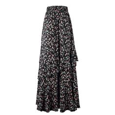 Black Elastic Waist High Low Ruffled Floral Skirt Petticoat, Floral Skirt, High & Low, High Low, Elastic Waist, Elastic, Skirt, Floral, Black