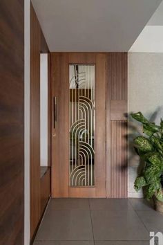 an entryway with a potted plant and decorative glass paneling on the door