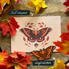 a card with an image of a butterfly on it surrounded by autumn leaves and flowers