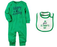 Carters Boys or Girls Babys First St Patricks Day Romper Jumpsuit and Bib Set 6 Months Green Happy Lucky ** Read more reviews of the product by visiting the link on the image.Note:It is affiliate link to Amazon. Bib Set, Kids Fashion Boy, St Patricks