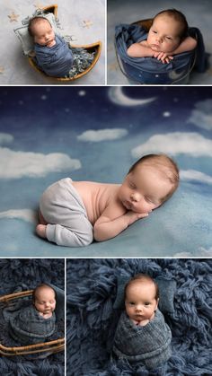 a baby sleeping in a basket on top of a blue blanket with stars and clouds