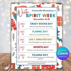 a printable winter spirit week poster on a wooden table