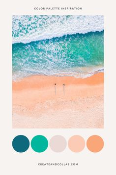 two people standing on the beach in front of an ocean with text that reads color palette inspiration