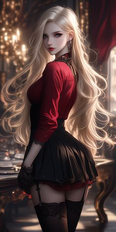 a beautiful blonde haired woman in a red shirt and black skirt with long white hair