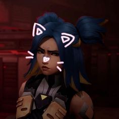 an animated image of a woman with blue hair and cat ears, holding her hands on her chest