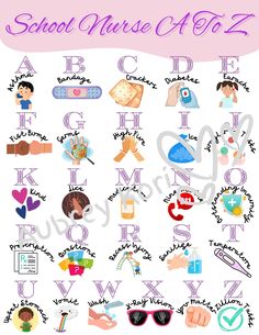 a poster with the words school nurse abc to z in it's uppercase