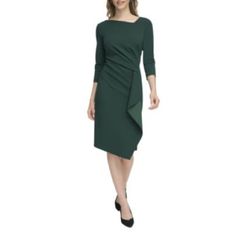 Calvin Klein Women's 3/4-Sleeve Asymmetric Sheath Dress 14 Nwt Green “Malachite” Asymmetric Details Lend A Modern Edge To This 3/4-Sleeve Sheath Dress From Calvin Klein. Ruched With Draped Detail At Front; Asymmetrical Hem Hidden Back Zipper 3/4-Sleeves Imported Asymmetrical Neckline; Sheath Silhouette Scuba Crepe: Stretchy And Supportive Lined Size & Fit Approx. 42-1/2" Long From Center Back Neck To Hem. Length Is Based On Size 6 And Varies 1/4" Between Sizes Tailored Fit Through The Chest, Wai Fitted Green Dress With 3/4 Length, Green Fitted Asymmetrical Dress With Long Sleeves, Green Fitted Dress With 3/4 Sleeves, Calvin Klein Long Sleeve Office Dress, Chic Green Calvin Klein Midi Dress, Chic Green Dress With 3/4 Sleeves, Chic Green Dresses With 3/4 Sleeves, Chic Green Calvin Klein Dress, Elegant Green Calvin Klein Midi Dress