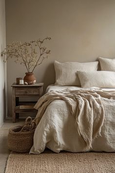 a large bed sitting in a bedroom next to a window with white curtains and pillows