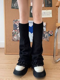 This price is for a pair of leg warmers only, others are not included. Winter Ruffle Socks, Casual Ruffled Bottoms For Winter, Black Knee-high Leg Warmers For Winter, Black Mid-calf Bottoms For Spring, Harajuku Boots, Knit Y2k, Lace Leg Warmers, Black Leg Warmers, Japanese Legs