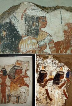 three pictures of ancient egyptian paintings in different styles and sizes, including an image of two men