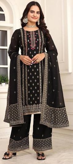 Black and Grey color Salwar Kameez in Faux Georgette fabric with Embroidered, Resham, Thread work Engagement Reception, Reception Lehenga, Georgette Fabric, Thread Work, Grey Fashion, Salwar Kameez, Lehenga, Gray Color, Black And Grey