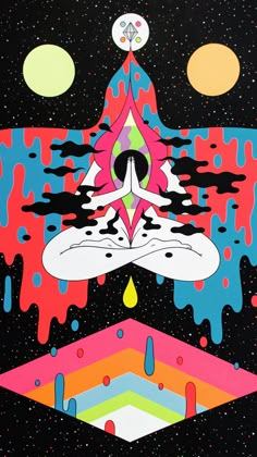 an abstract painting with multicolored shapes and dots on black background, depicting a person floating in the air