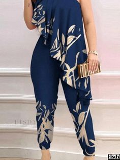 Fisdy - Elegant Floral Print Shoulder Wrap Skirt Wraparound Skirt, Leaf Border, Flowy Design, One Piece Outfit, Pant Length, Long Sleeve Jumpsuit, Body Con Skirt, Dress For Women, Wrap Skirt