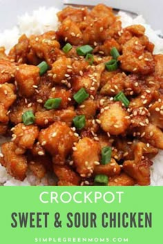 crockpot sweet and sour chicken on top of white rice with green onions in the background