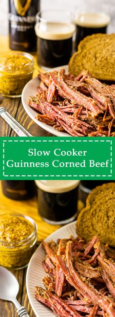 slow cooker guinness corned beef is served on two white plates with mustard in the background