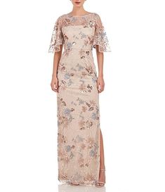 JS Collections Sequin Embroidered Mesh Short Flutter Sleeve Illusion Boat Neck Gown | Dillard's Mother Of The Bride Dresses Long, Mother Of The Bride Gown, Mother Of Groom Dresses, Mob Dresses, Formal Dresses Gowns, Column Gown, Beige Dresses, Gowns With Sleeves, A Line Gown