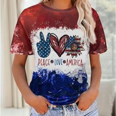 Red White And Blue Peace, Love, America T-Shirt Casual Blue Tops With American Flag Print, Casual Short Sleeve Tops With American Flag Print, Casual American Flag Print Short Sleeve Tops, Casual 4th Of July Short Sleeve Tops, Casual Short Sleeve Tops For 4th Of July, Blue T-shirt With American Flag Print For Spring, Multicolor Flag Print Casual T-shirt, Patriotic Multicolor Short Sleeve T-shirt, Patriotic Crew Neck T-shirt For Spring