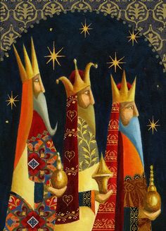 three wise men with golden bells and stars