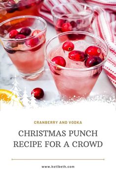 christmas punch recipe for a crowd with cranberry and vodka in glasses on a table