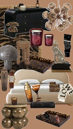 a collage of furniture and decor items including candles, wine glasses, leopard print rugs