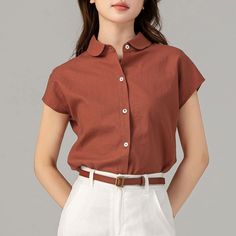 The classic collar lays flat against the neckline, adding a touch of refinement. The shirt is tailored for a relaxed fit, making it comfortable for all-day wear. Pair it with white trousers for a sophisticated yet laid-back look. More colors : https://etsy.me/3vTMAhY DETAIL * 100% Linen * button up shirts * collared neckline * straight style * split side hem * short sleeve   * Perfect for summer spring autumn * Dry clean * The model is 168 cm (5′6″) tall with a 80 cm (31.5") bust, 66 cm (26") wa Brown Summer Office Tops, Brown Summer Office Top, Casual Plain Office Blouse, Classic Brown Top With Collared Neckline, Collared Office Top With Placket, Office Tops With Placket And Collar, Casual Brown Office Top, Casual Brown Top For Office, Brown Shirt With Button Closure For Daywear