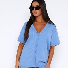 White Fox It's All About Love Short Sleeves Shirt Trendy Blue Tops For Loungewear, Trendy Blue V-neck Shirt, Light Blue Casual V-neck Shirt, Casual Light Blue V-neck Shirt, Blue Relaxed Fit Shirt For Loungewear, Blue Collared Shirt For Loungewear, Blue Short Sleeve Shirt For Loungewear, Trendy Light Blue Loungewear Tops, Trendy Light Blue Tops For Loungewear