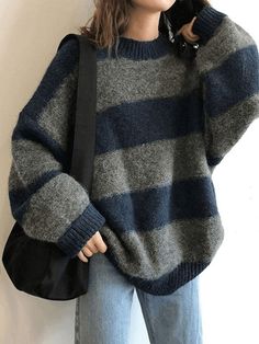 Striped Loose Round Neck Sweater Oversized Stripe Pullover Sweater - AnotherChill Retro Revival, Oversized Striped Sweater, Striped Knitted Sweater, Contemporary Streetwear, Oversize Pullover, Pull Oversize, Stripe Outfits, Loose Pullover, Oversized Pullover