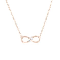 Complete your look of timeless elegance with this 'Always & Forever' Infinity Diamond Necklace! Crafted with two round brilliant diamonds nestled together in a 14 karat gold infinity symbol, it hangs perfectly on an 18 inch chain. Perfect for layering or wearing solo, 1/10 carat of diamonds will make sure you shine, always and forever! Elegant Rose Gold Infinity Necklace, Timeless Infinity Diamond Jewelry, Infinity Jewelry With Diamond Accents For Formal Occasions, Formal Infinity Necklace With Adjustable Chain, Rose Gold Infinity Jewelry With Diamond Accents, White Gold Infinity Necklace For Formal Occasions, Infinity Shape Fine Jewelry Necklace For Formal Occasions, Formal White Gold Infinity Necklace, Infinity Necklace With Diamond Accents