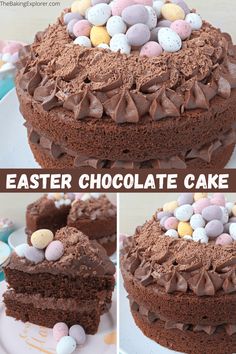 an easter chocolate cake with eggs and chocolate shavings on the top is shown