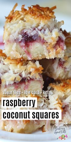 raspberry coconut squares stacked on top of each other with the words sugar free low carb keto