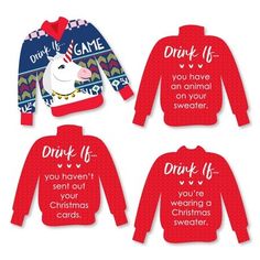 four christmas sweaters with different sayings on the front and back, including drink if you