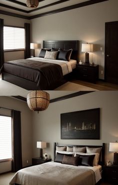 two pictures of a bedroom with black and white decor on the walls, one has a large bed