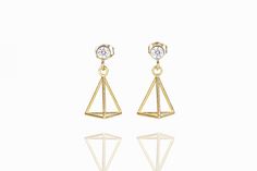 Gold & Stone Earrings - These three-dimensional earrings are both elegant and modern. Created 14k gold vermeil and accented with cubic zirconia (3mm) set in 14k gold-filled bezels. Lightweight and comfortable to wear every day<br><br>14k gold-filled posts and backs. Modern Gold Diamond Earrings As Gift, Modern Gold Diamond Earrings For Gift, Modern Gold Diamond Earrings In Sterling Silver, Modern Gold Diamond Pierced Earrings, Gold Stone Earrings, 3d Triangle, Geometric 3d, Artful Home, Gold Stone