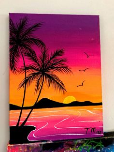 an acrylic painting of a sunset with palm trees