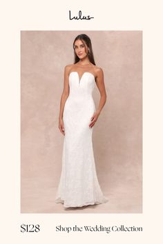 a woman in a white wedding dress with the words, shop the wedding collection