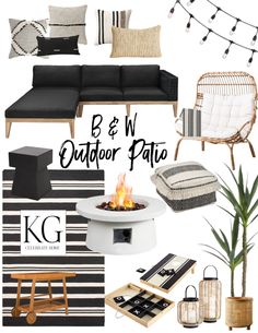 black and white outdoor patio decor with text overlay that reads b & w outdoor patio