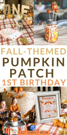 fall themed pumpkin patch 1st birthday party with oranges and plaid table cloth on the table