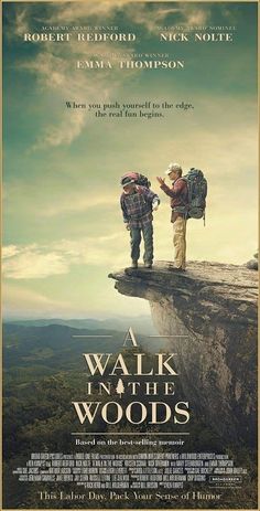 a movie poster for a walk in the woods with two people standing on top of a cliff