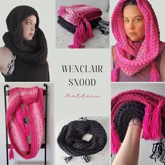 a collage of photos showing different ways to crochet a scarf with the words wernclr snood written on it