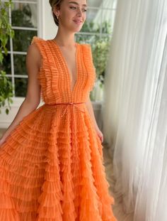 Nectar Ruffle Gown | Teuta Matoshi Ruffle Texture, Sunrise Orange, Teuta Matoshi, Haute Couture Gowns, Ruffle Gown, Exquisite Gowns, Bow Belt, Floral Gown, Custom Size Dresses