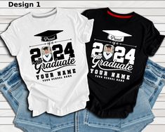 two t - shirts with graduation pictures on them, one is black and the other is white