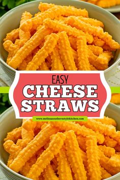 two bowls filled with cheesy straws and the words easy cheese straws