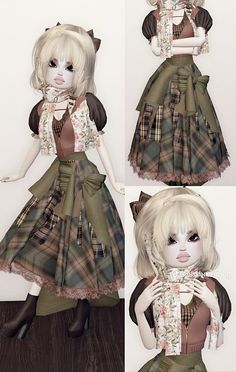 three different views of a doll with blonde hair wearing a green dress and brown boots